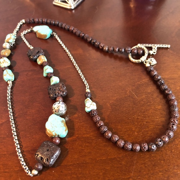 TURQUOISE , LAVA AND STERLING SILVER NECKLACE - Picture 6 of 6